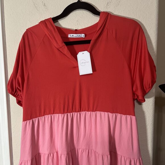 NWT Culture Code Hooded Dress Sz M Babydoll Color Blocked Red Pink Tiered New - Picture 2 of 6